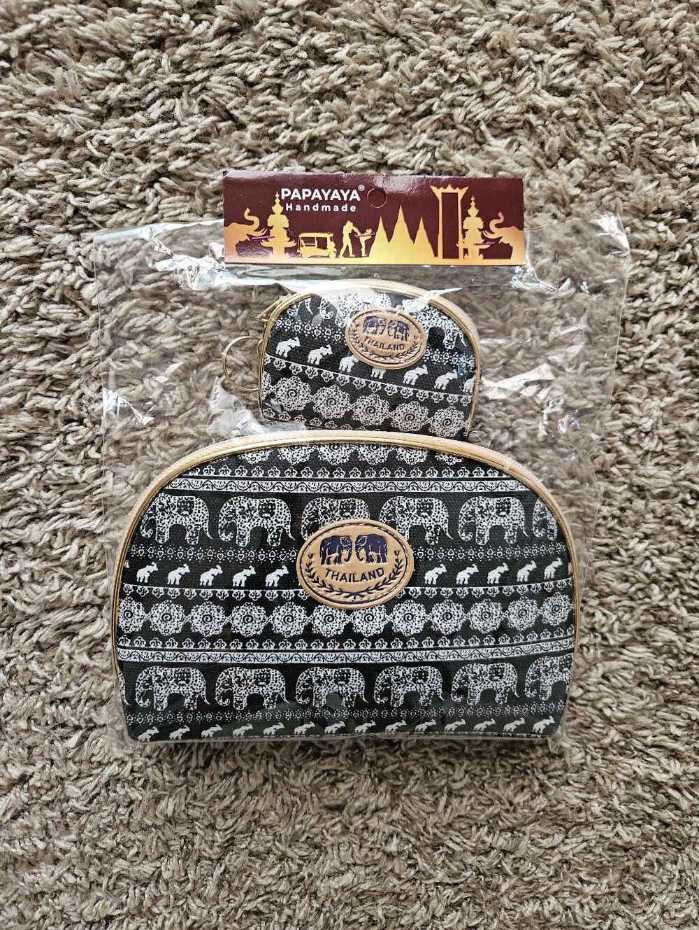 Black Elephant Print Cosmetic Coin Purse Bag 2 Piece Set